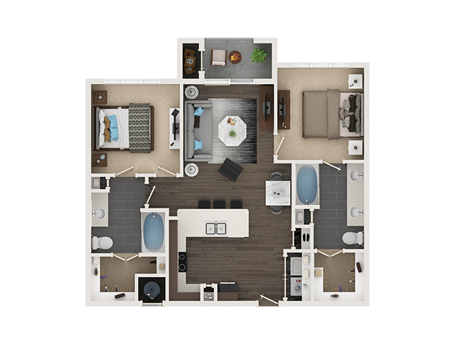 Floor plan for 2 beds, 2 baths, 970 sqft